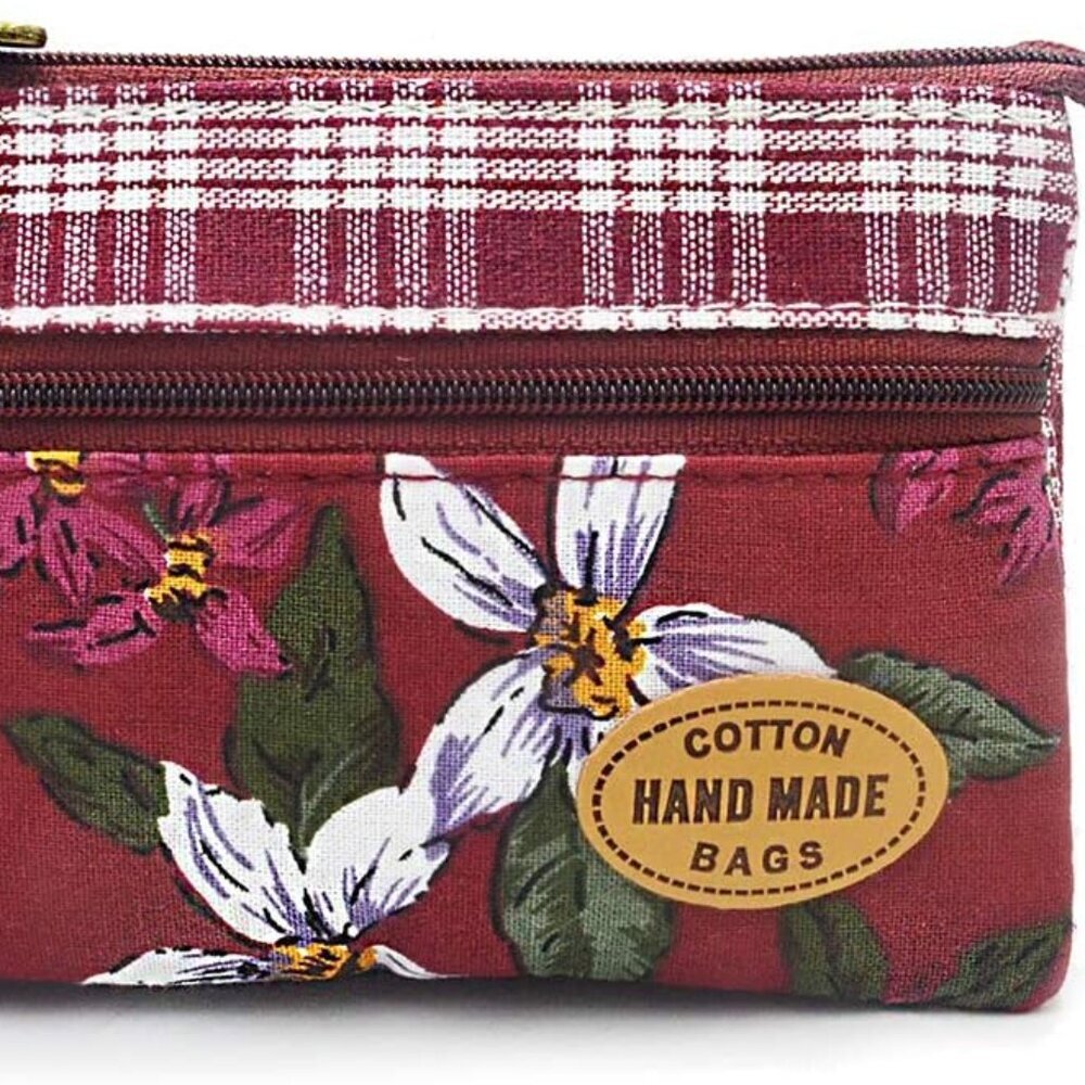 Women Small Zipper Coin Purse, Handmade Fabric Flower Embroidered Change Pouch,
